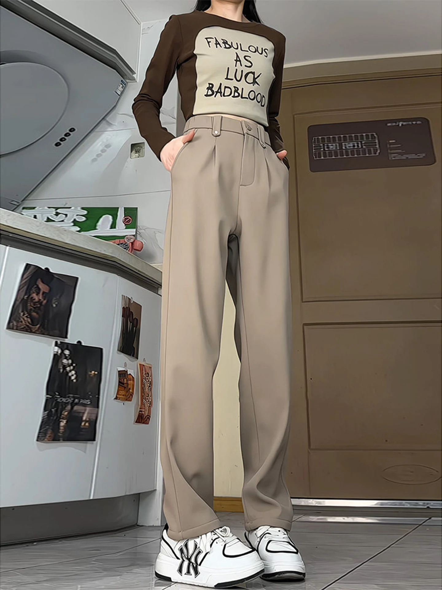 Khaki Fleece Lined Straight Leg Pants Men Women Winter Slimming Drapey American Casual Long Trousers CleanFit Polyester Fiber