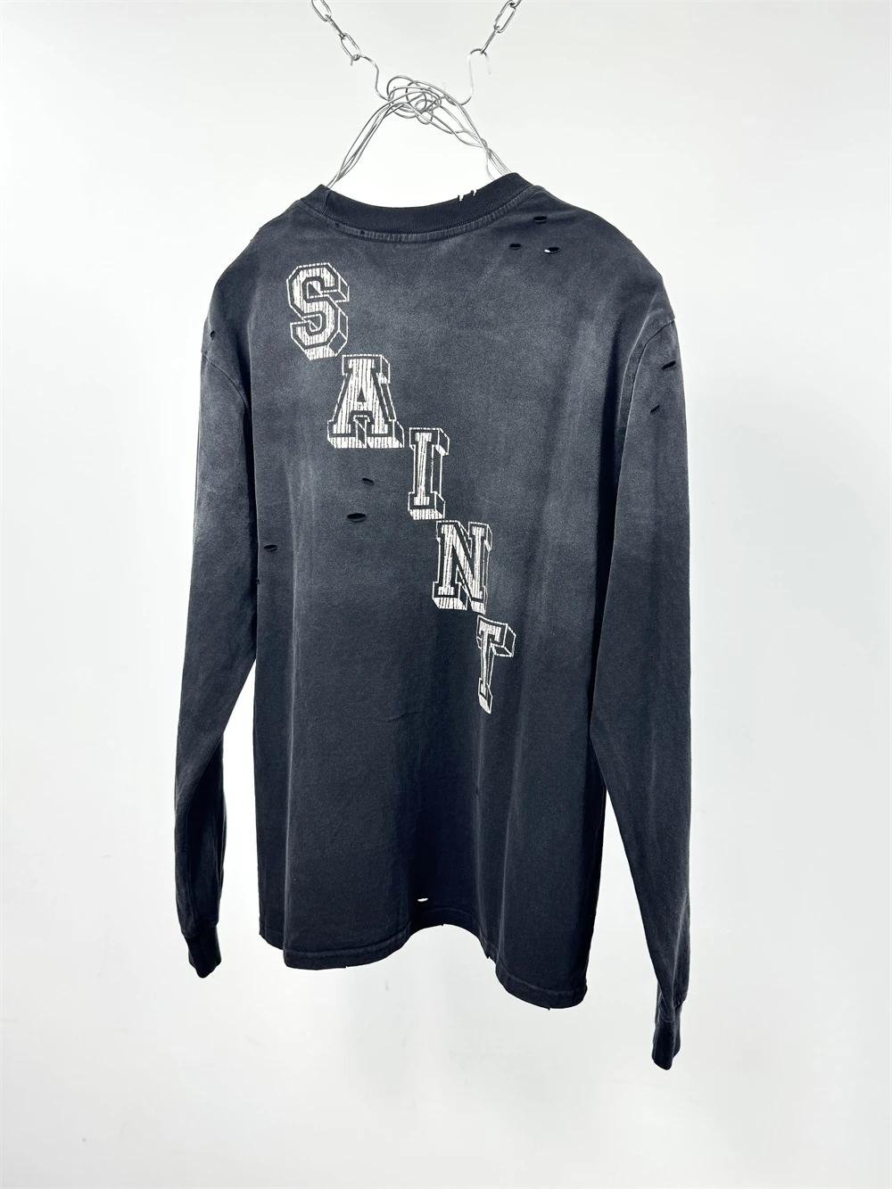 Vintage Little Angel Hole Saint Long Sleeves Washed T Shirt Men Women High Quality Tee Tops T-Shirts
