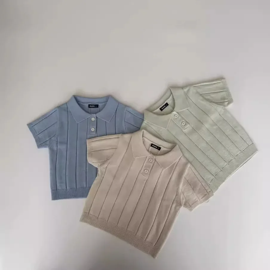 

2025 Summer New Baby Short Sleeve T Shirts Infant Boys Fashion Versatile Thin Knitwear Toddler Solid Casual Lapel Pullover