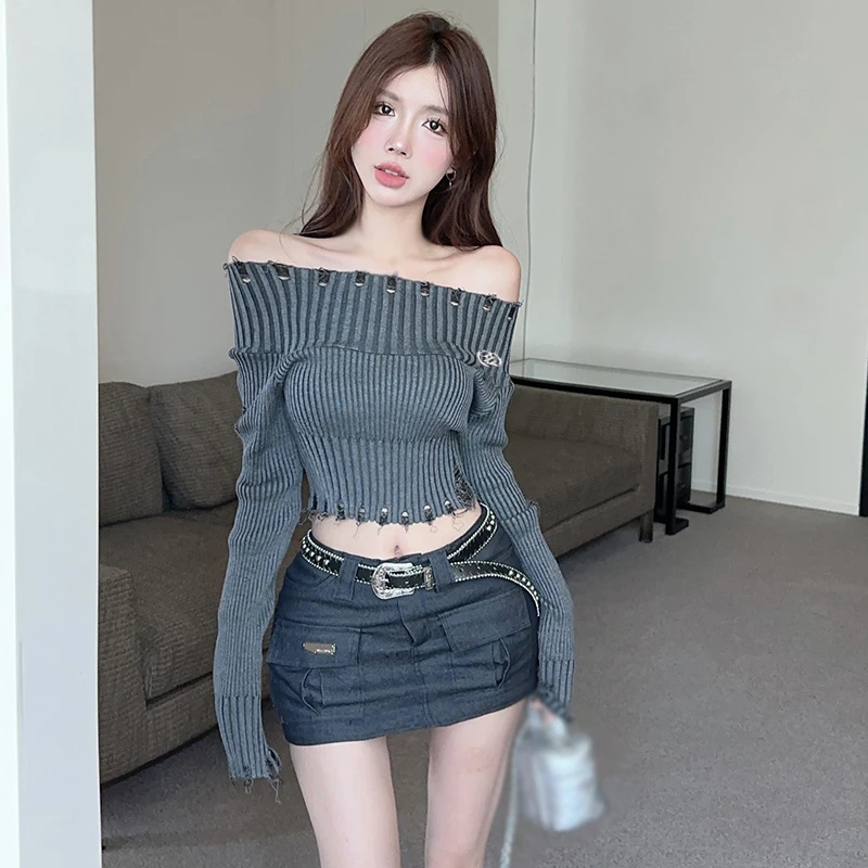 Women Sweater Off Shoulder Knitted Expose Navel Slim Sexy Spring Autumn Long Sleeves Street Style All-Match Inside Wear