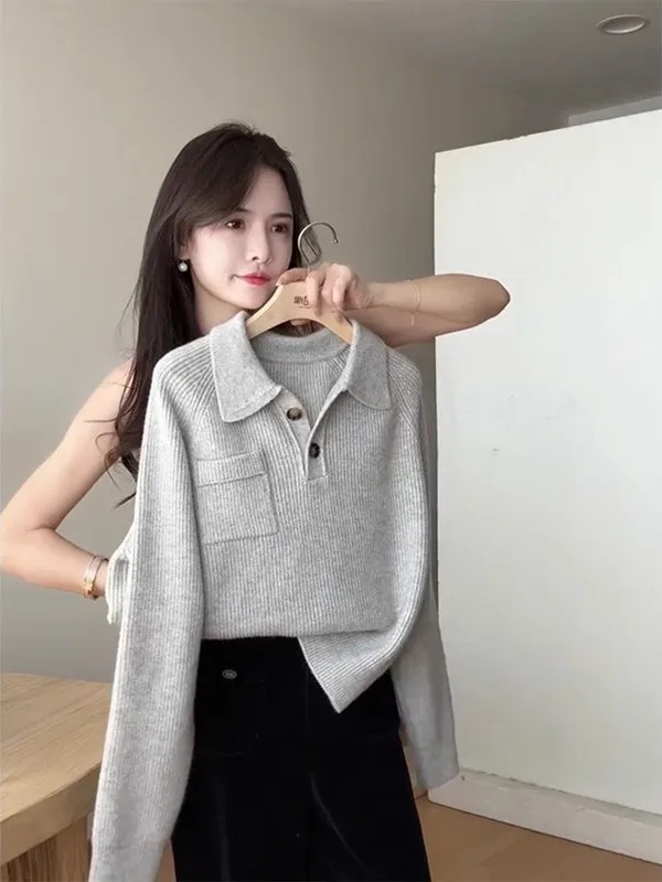 

Korean Sle Collar ort Knitted Sweater Women's Autumn Winter ey Bear Fur Outerwear Casual Loose Fit Long Sve