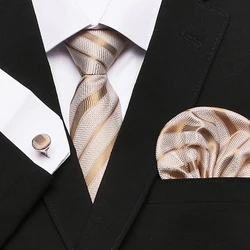 Hot Sale 7.5 cm Golden Striped Tie Hanky Cufflinks Set For Men Fit Formal Party Wedding Business Birthday Gift