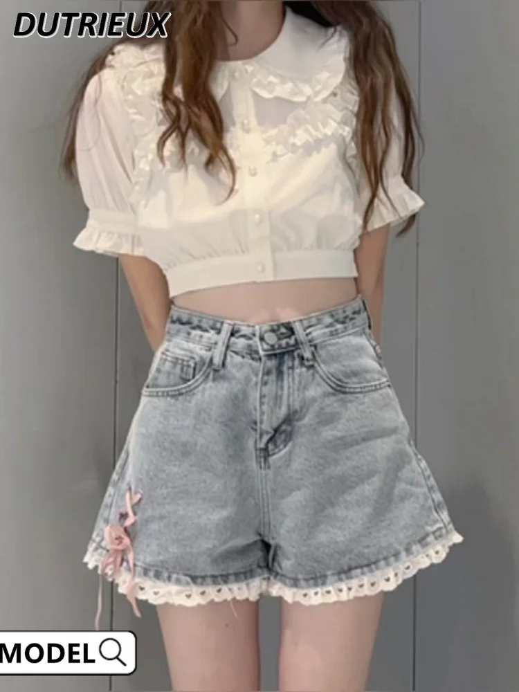 

Hot Girl Oversize Denim Shorts Women's Jeans 2024 New High Waist Design Sense Niche Pure Desire Lace Wide Leg Short Pants