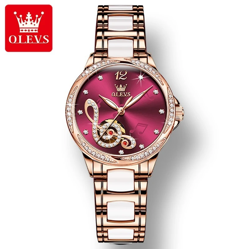 OLEVS 6656 Fashion Mechanical Watch Gift Genuine Leather Watchband Round-dial Wristwatch Luminous