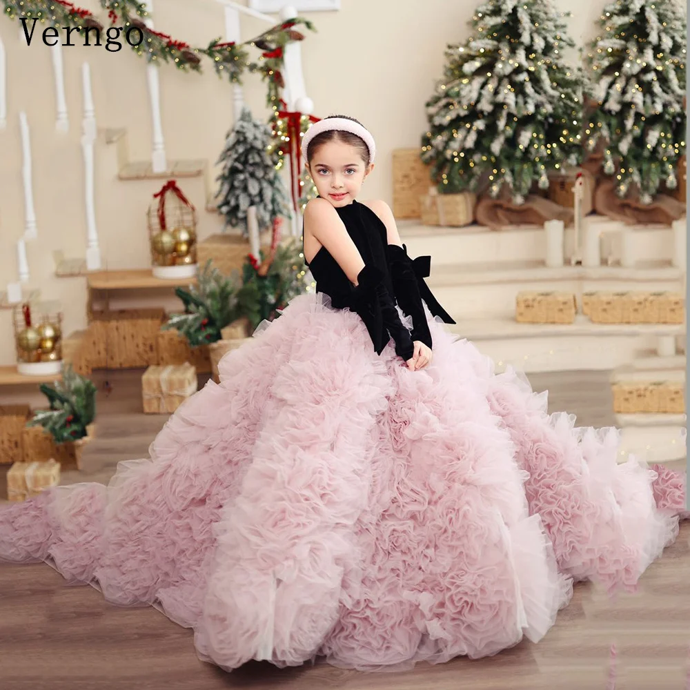 Verngo Pink Tulle Flower Girl Dresses Halter A Line Princess Birthday Party Dress Elegant Ball Gowns Customized