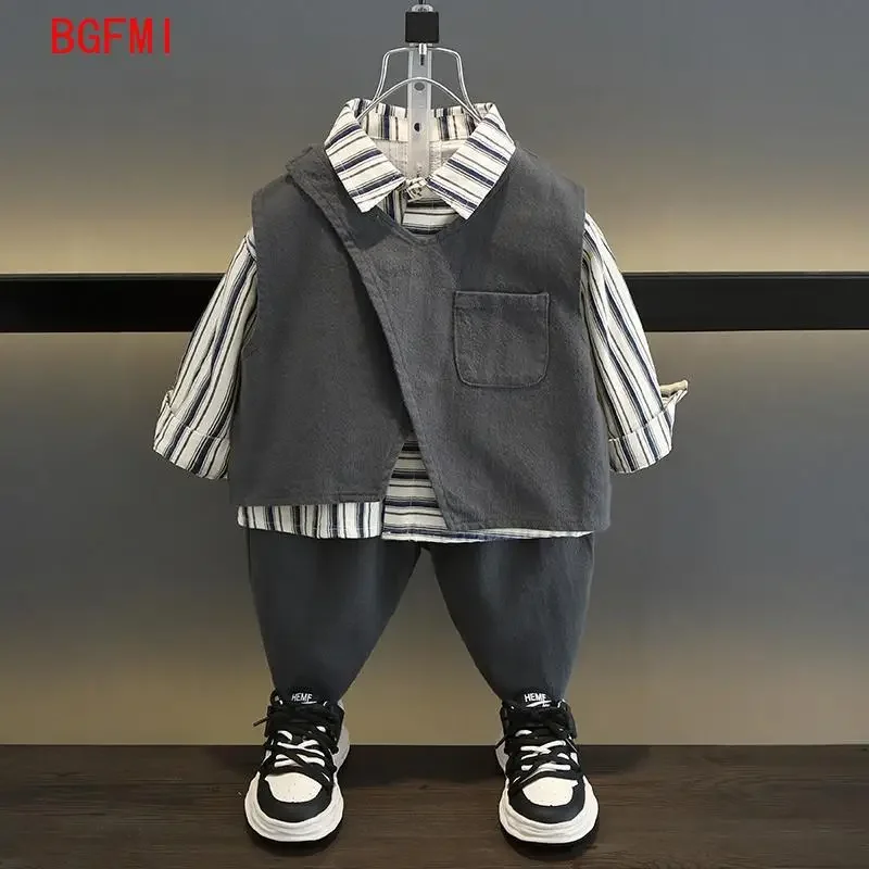 

2-10Y Boys Clothing Set 2024 New Handsome Casual Spring and Autumn Baby Children's Vest T-shirt Pants 3 Piece Set Kids Outfits