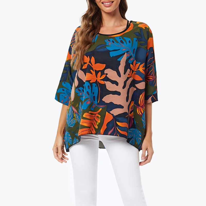 Camisa de gasa de estilo bohemio para mujer, Top informal con manga de murciélago y cuello redondo, 2023