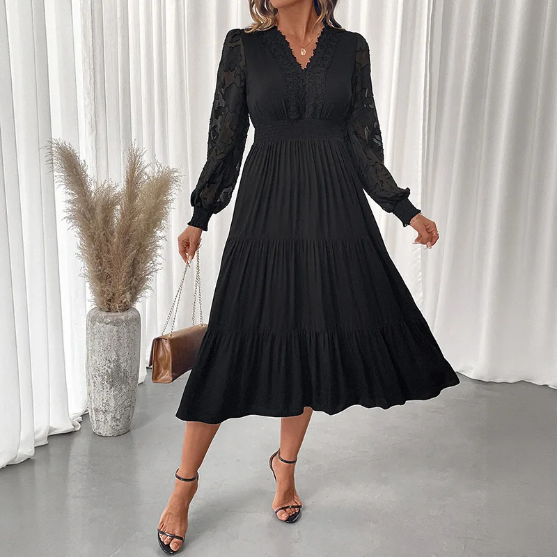 

2025 New Autumn Women's Fashion Sweet and Elegant Wind V-neck Waist Lace Long-sleeved Solid Color Dress Ladies