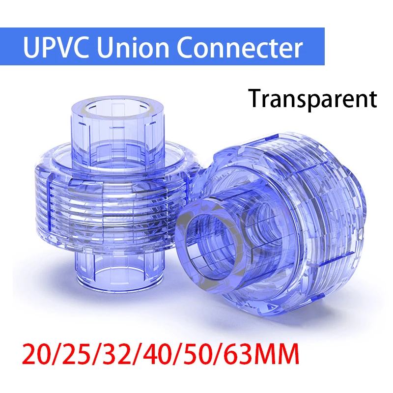 

1PC 20/25/32/40/50/63MMTransparent UPVC Union Connector Aquarium Tank Water Tube Pipe Coupling Joints Garden Irrigation Fittings