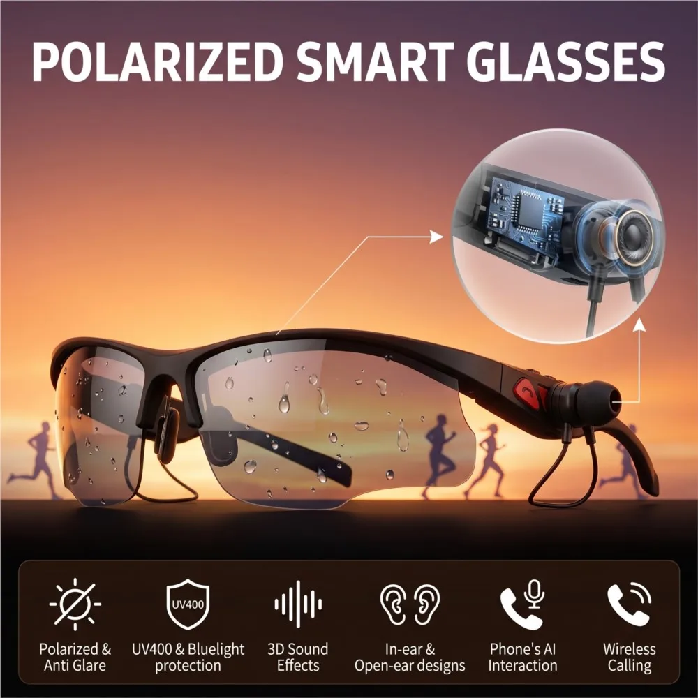 

Polarized Smart Sunglasses Anti bluelight UV400 Stereo Earphones Wireless Headset for Driving Cycling Sports Noise Reduction