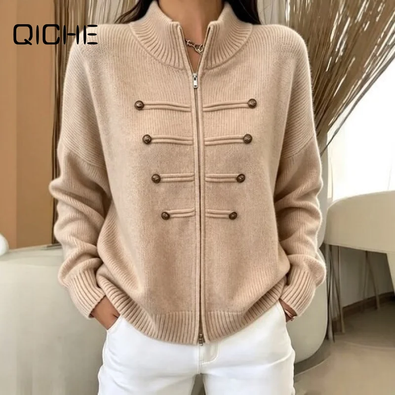 QICHE 2027 Vintage Double Breasted Stand Collar Zip Knit Cardigan Women Loose Solid Color Versatile Sweater Shirt Autumn Winter