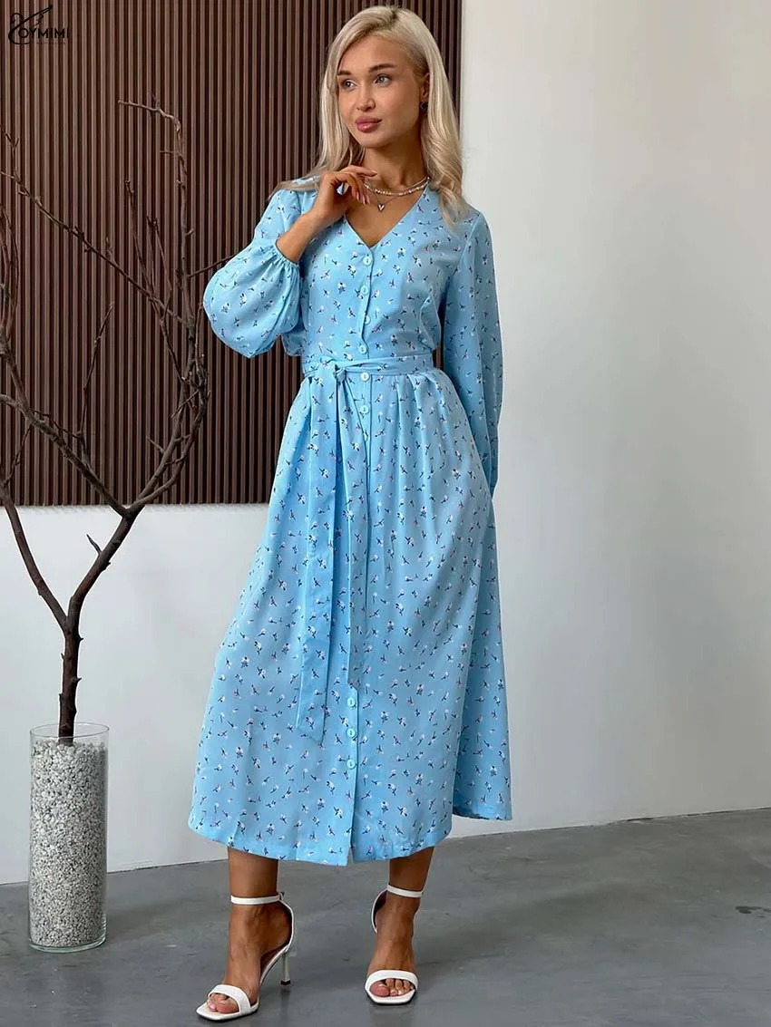 

Oymimi Fashion Blue Print Dresses For Woman Casual V-Neck Long Sleeve Button Dresses Autumn Lace-Up Sdie Slit Mid-Calf Dress