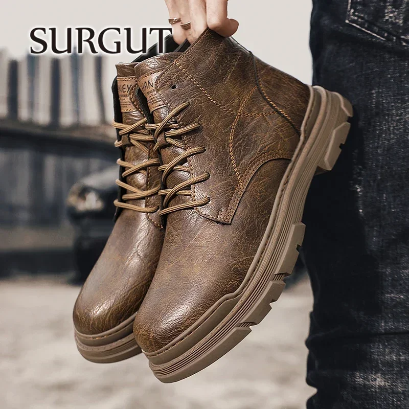 SURGUT New Men Boots Comfortable Spring Autumn Warm Waterproof Fashion Ankle Boots Casual Men Leather Working Boots Men