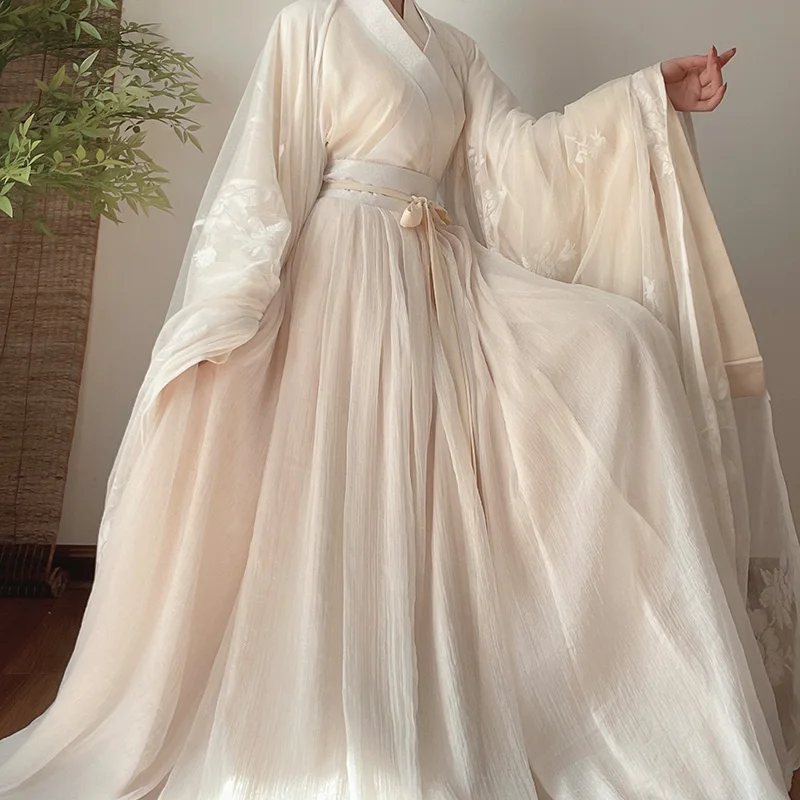 White Hanfu Long Dress Folk Dance Costume Chinese Traditional National Fairy Cosplay Costume Ancient Princess Stage Outfits