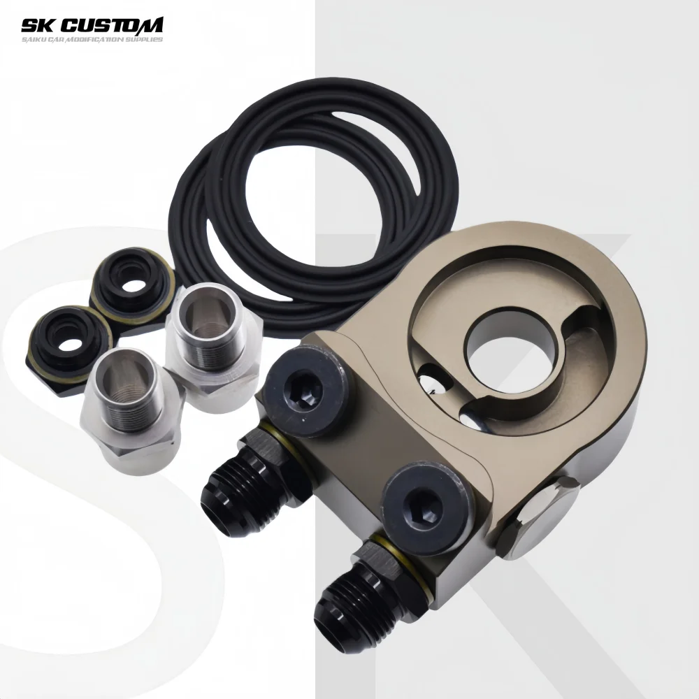 

SK CUSTOM Engine Radiator Adapter Oil Cooler Filter Thermostat Sandwich Plate Elevation Angle 45° AN8 AN10 Aluminum Alloy CNC