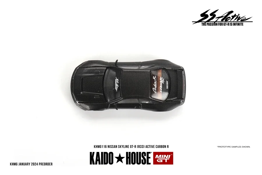 Kaido House + MINIGT 1/64 다이캐스트 자동차 모델, 자동차 장난감 선물 장식, 닛산 스카이라인 GT-R (R33) 활성 탄소 R KHMG116