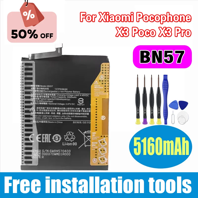 

New Phone BN57 Battery for Xiaomi Pocophone X3 Poco X3 Pro Replacement Bateria + Tools