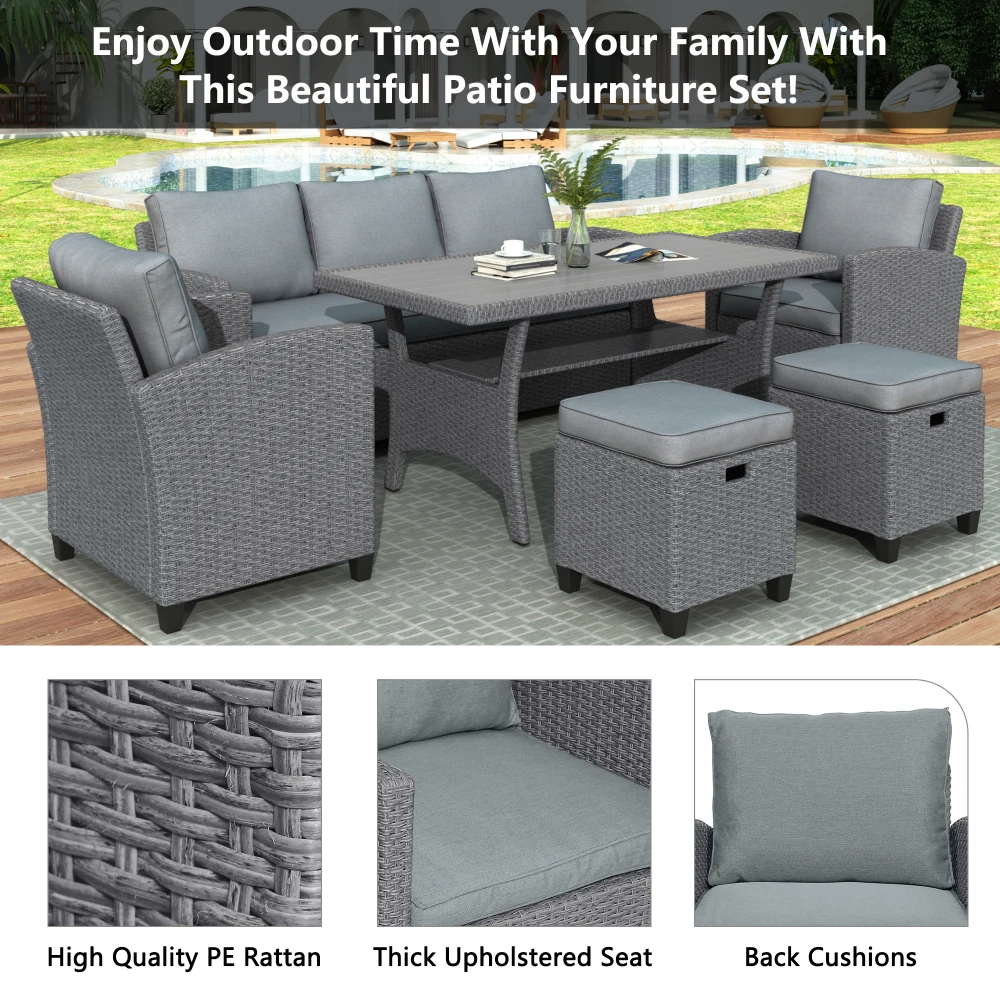 6-Piece Outdoor Rattan Wicker Set Patio Garden Backyard Sofa, Chair, Stools and Table, Gray