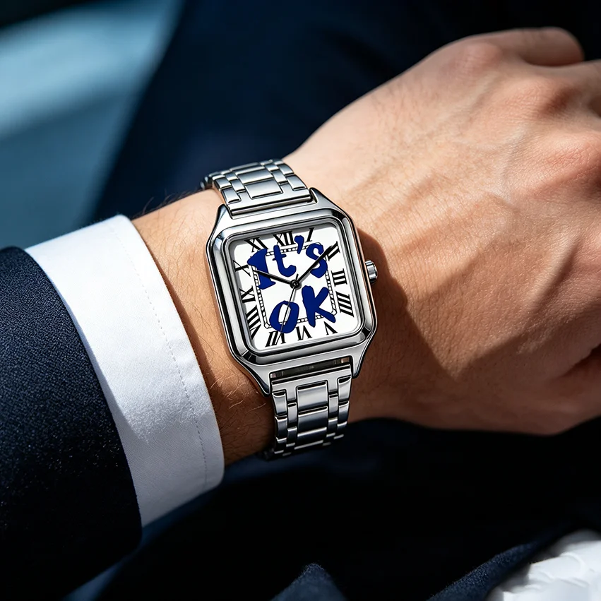 Ladies' Men Square Luxury Watch, Slogan Text on the Large Dial, 30-Meter Water Resistance, Elegant Design, Stainless Steel Strap