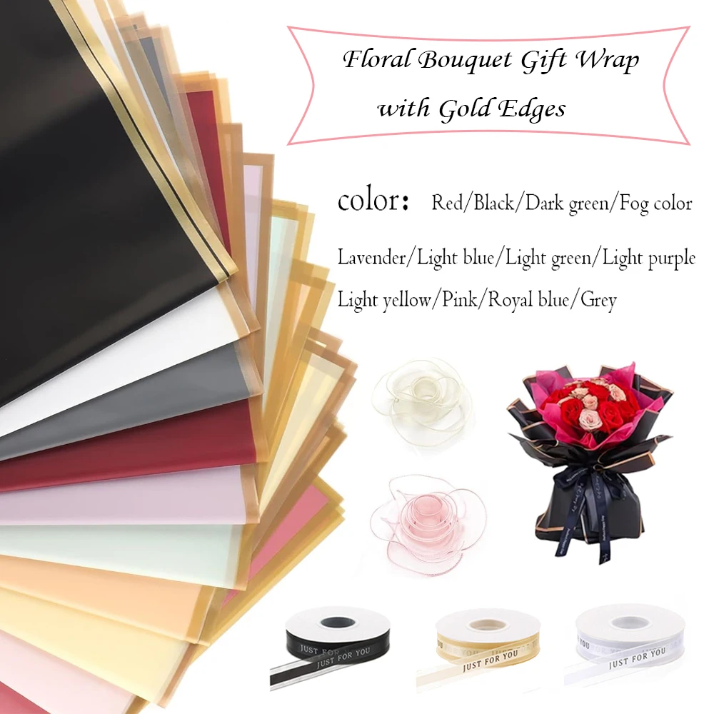 

20 PCS Golds Edges Floral Gift Wrapping Paper, 58x58cm Waterproof Jelly Film with Chiffon Ribbon for Wedding Birthday Gift
