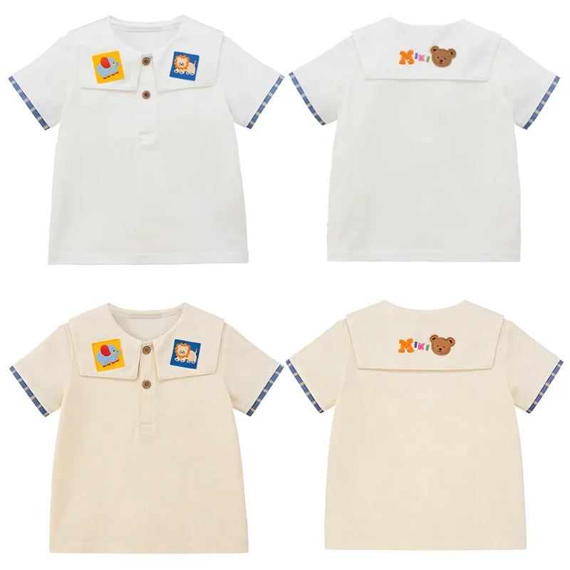

Boys Girls Kids Cartoon Zoo Animal Print Navy Collar Short Sleeve Cotton Shirt Baby Summer Cute Blouse Top