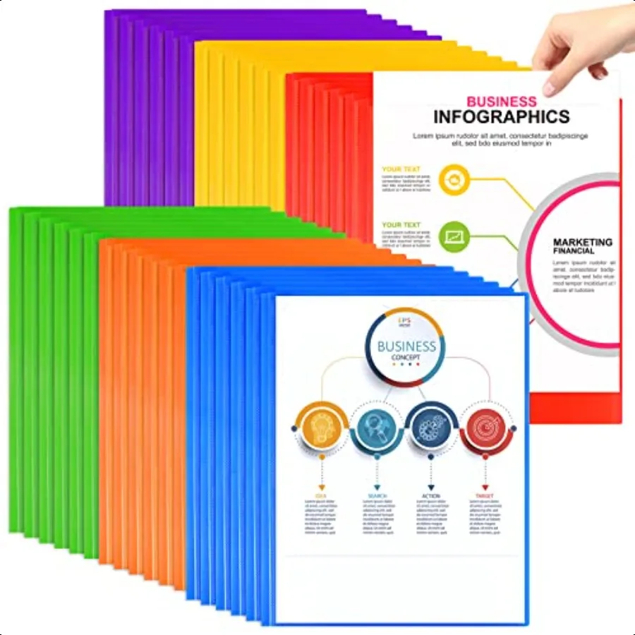 

30 Packs 2 Pocket Folders with 3 Prongs Fastener Heavy Duty Plastic Folder with Clear Front Pocket Multicolor Bulk Folders for