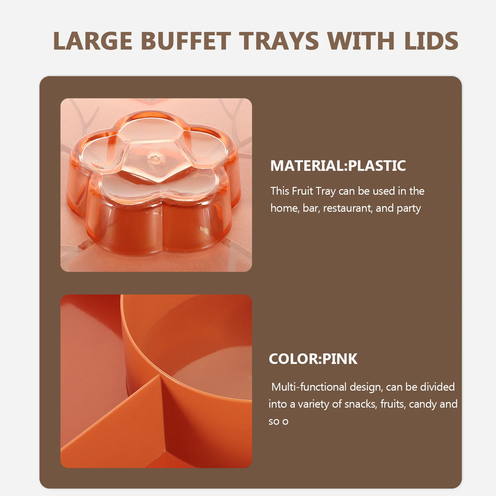 

Large Capacity Covered Snack Serving Tray Plastic Divided Fruit Plate Candy Nut Cake Tray for Parties Home Office