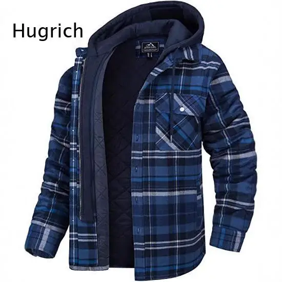 Male Plaid Pattern Quilted Shirt Jacket Detachable Hood Button Zip Front Long Sleeve Winter Coat