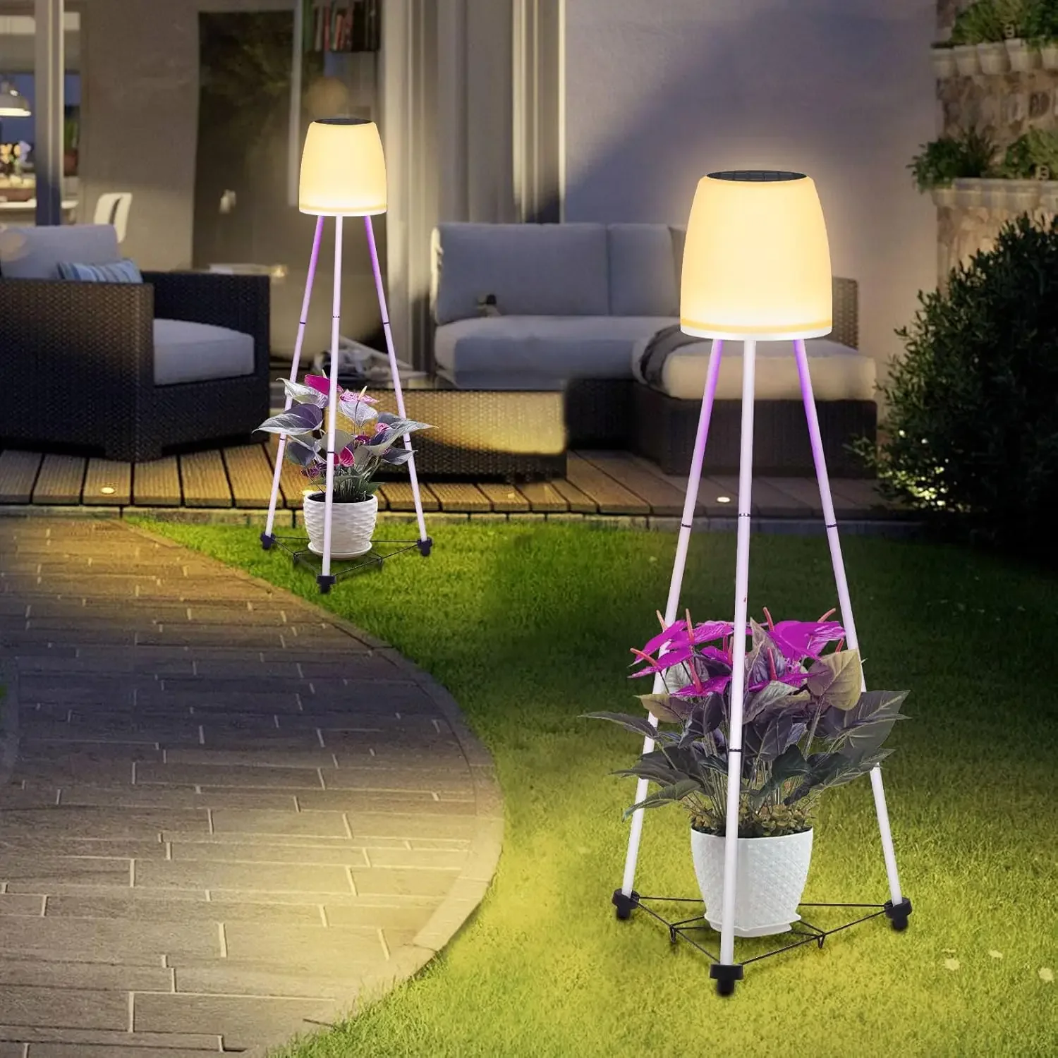 Patio - Waterproof Outdoor Lamps with Plant Stand Grow Light, Solar Powered Lantern with RGB Color Changing Lamp for Deck Yard P