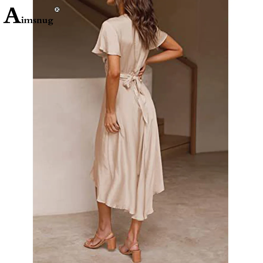 Women Casual Mid-Calf Dress Clothing 2024 Sexy Deep V-neck Party Evening Dresses Apricot Blue Robe Femme Waisted Bow Tie Dress