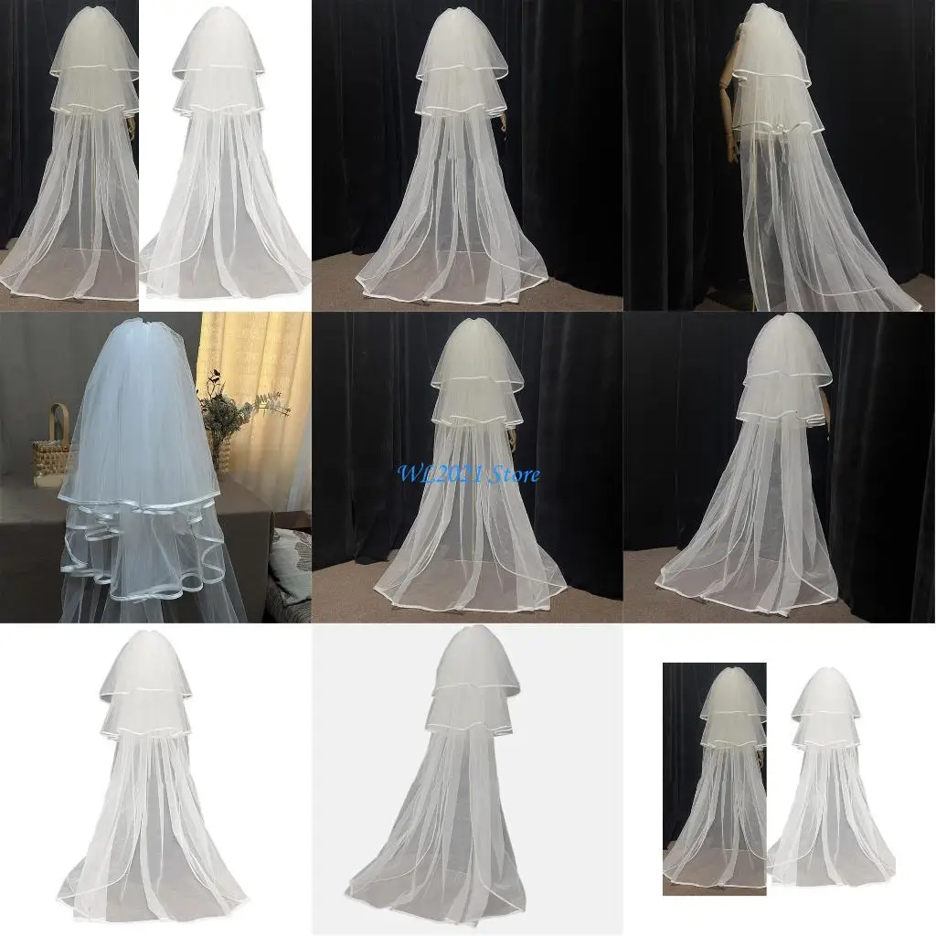 

G5GC Delicate Overlength 3 Layer Veil Engagement Woman Lace Tulles for Taking Photo