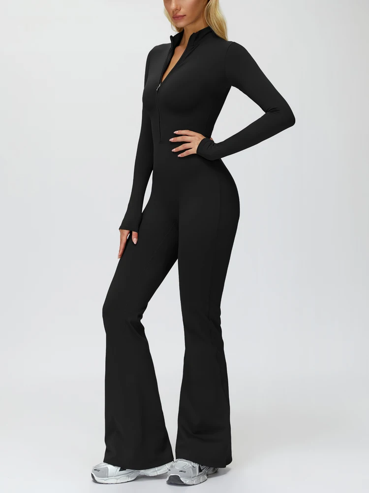 VITALINOVO Women Long Sleeve Flare Workout Jumpsuit Zip Up Romper Bottom Pants Wide Leg Full Length Bodysuit Bodycon One Piece