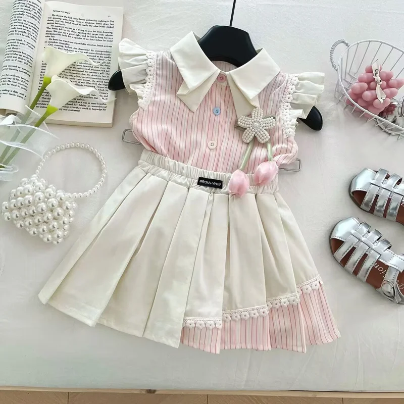 

Girls' Suit Summer2025New Style Flutter Sleeve Striped Shirt Lace Trim Short Skirt Two-Piece Set Wholesale