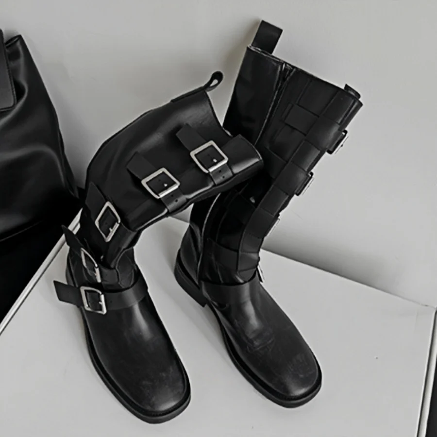 

Женские черные кожаные армейские сапоги до колена с несколькими пряжками и ремешками, дизайн с низким блочным каблуком, уличные женские повседневные ботинки в стиле панк