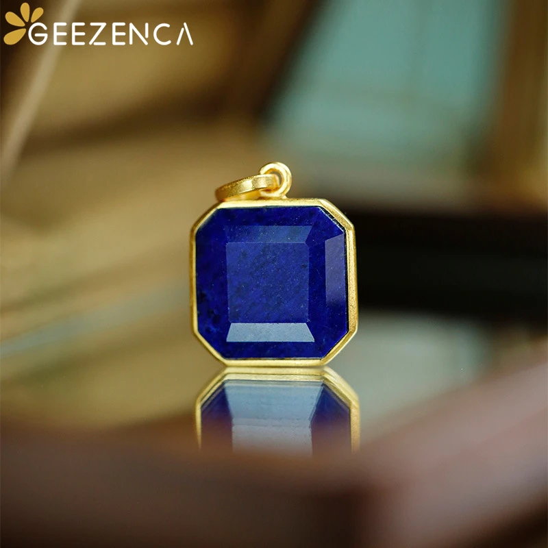 GEEZENCA Natural Lapis Lazuli S925 Silver Square Pendant For Women Simple Geometric Necklace Pendants Without Chain 2023 New