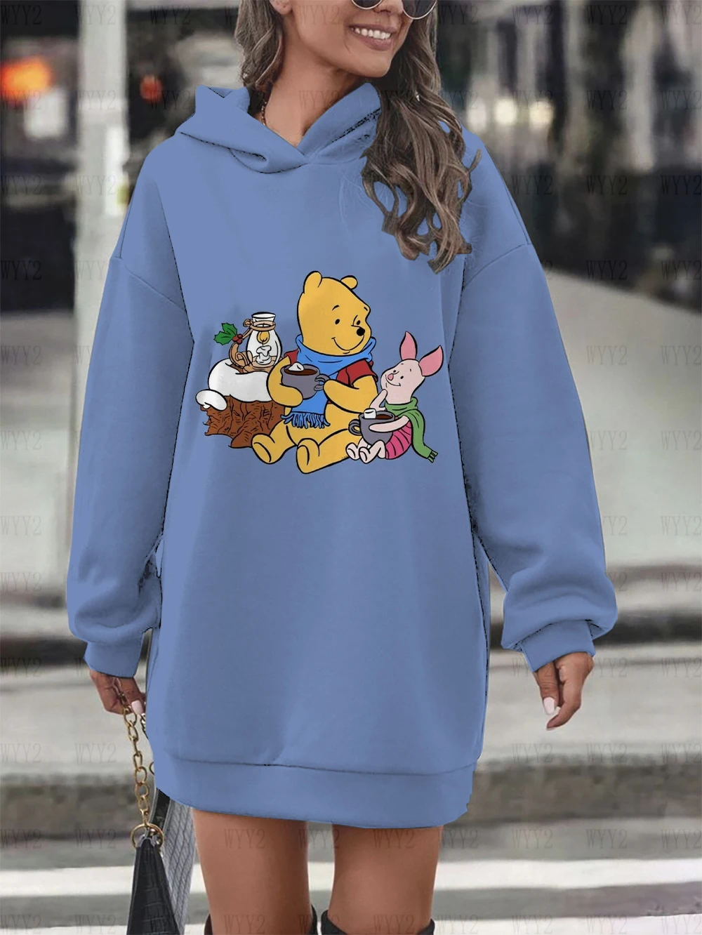 

2024 new women's loose autumn and winter party dress hooded skirt Christmas Disney Bear print fashion casual sweatshirt
