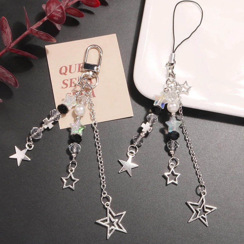 Goth Y2K Phone Charm Star Pearl Keychain Pendant Kawaii Key Chain Bag Beaded Phone Chain Cute Accessory For Girls Women Jewelry