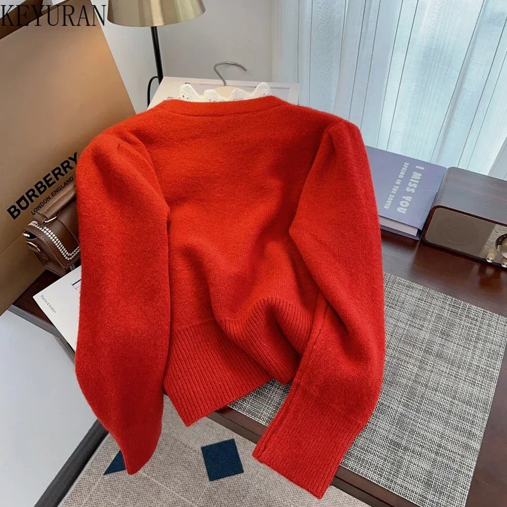 French Red Lace Sweater for Women Autumn Winter New Korean Fashion V-neck Long Sleeve Knitted Cardigan Cropped Tops femme Jumper