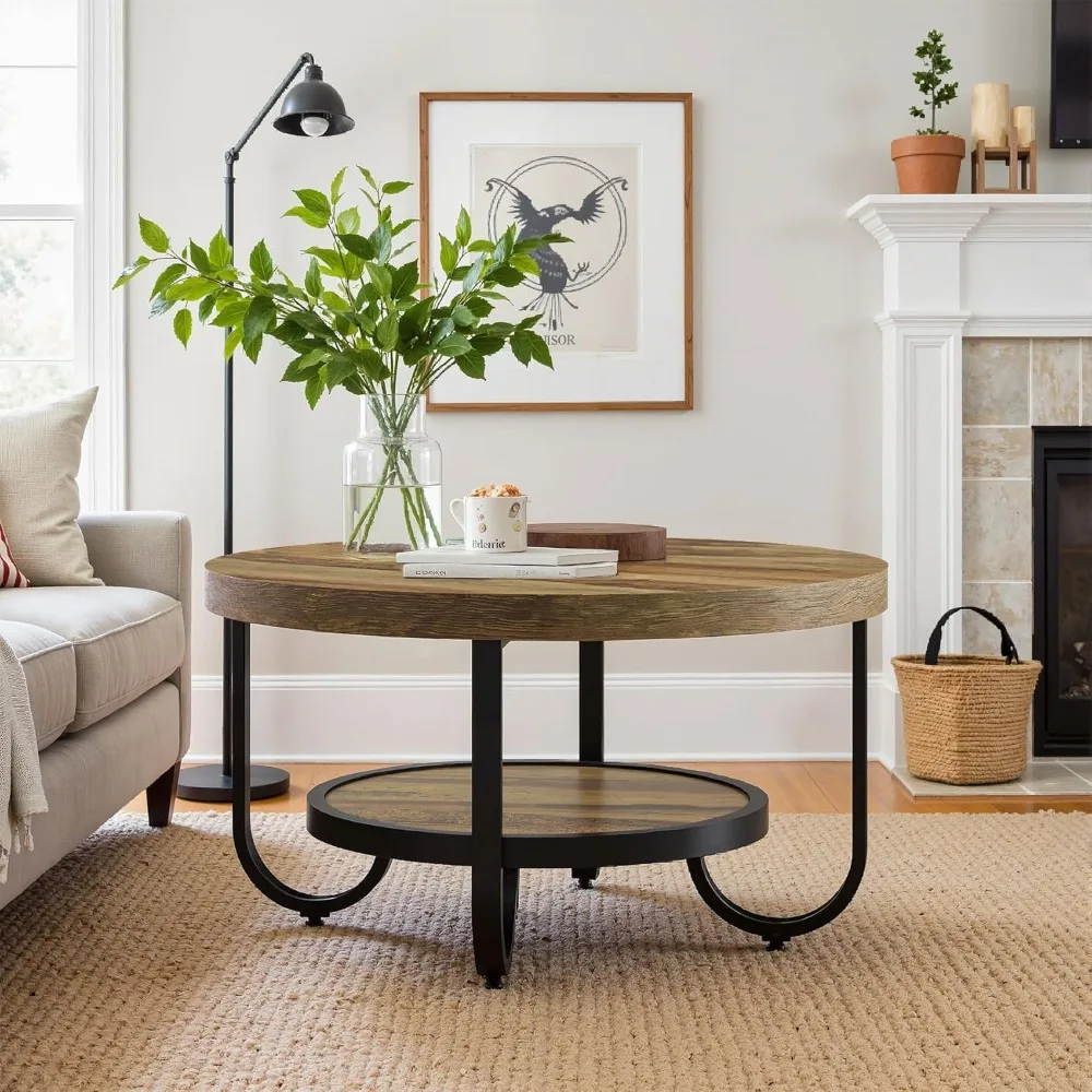Современный двухуровневый круглый деревянный журнальный столик с полкой для хранения и металлическим каркасом, акцентный столик в стиле фермерского дома 31,5