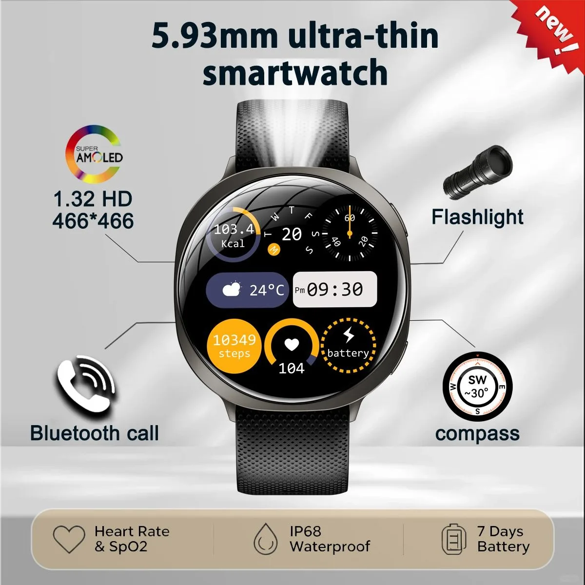 2026 New Smart Watch Men: Ultra-thin 1.32 HD AMOLED Bluetooth Call Go More Algorithm Health Monitoring Sleep Mode Smartwatch