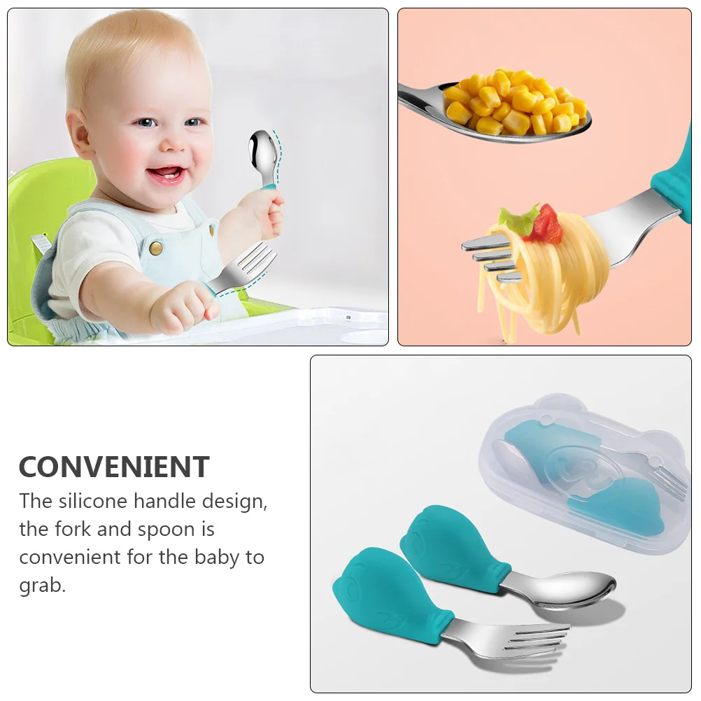 

Stainless Steel Silicone Spoon Fork Kid Forks and Spoons Serving Utensils Baby Short Handle Tableware Toddler