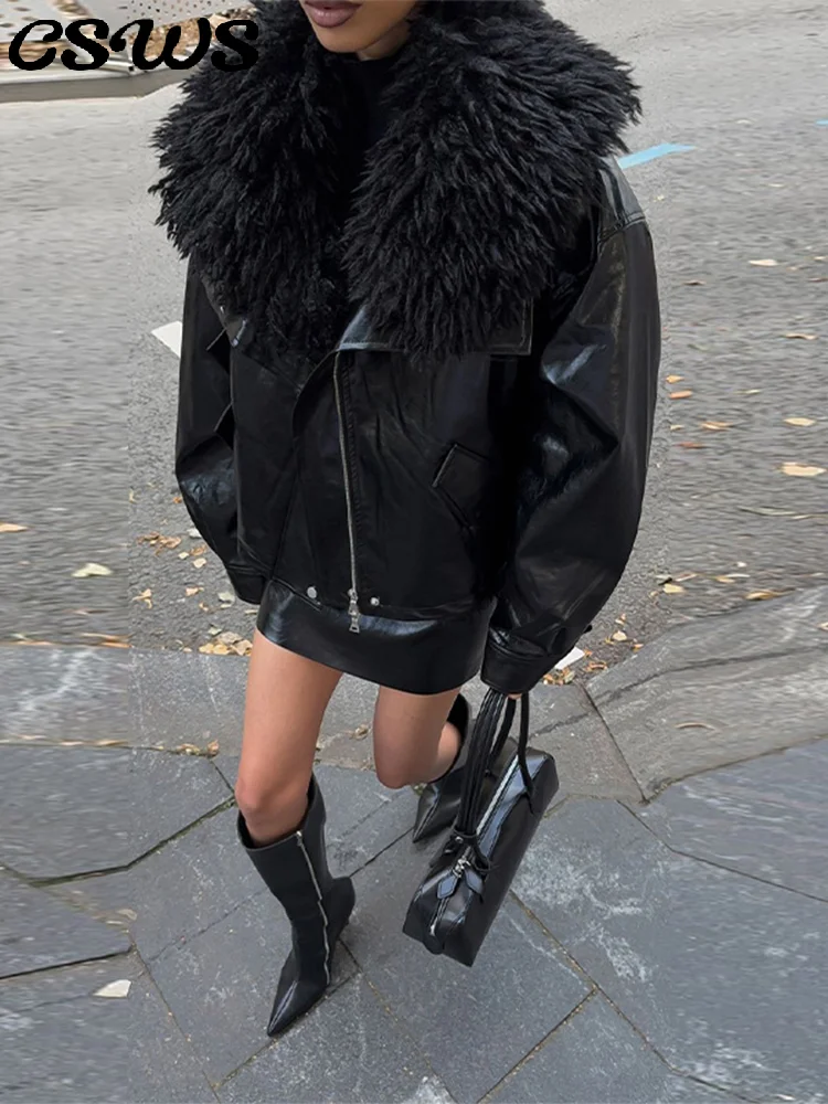 

Элегантная женская кожаная куртка из искусственного меха, свободная лоскутная куртка со съемным воротником на молнии, женское пальто 2025 года, стильная женская верхняя одежда, новинка