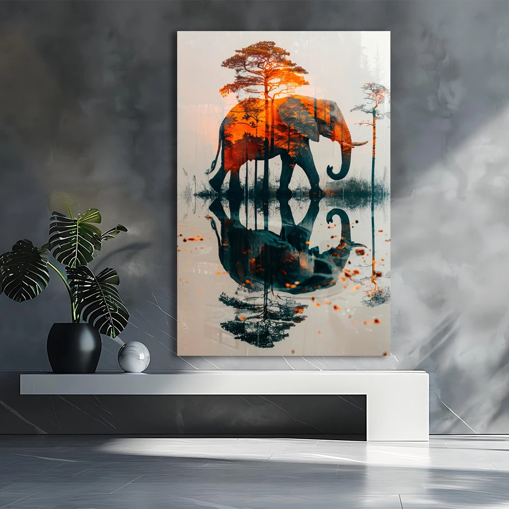 Modern Elephant Forest Fusion Print Canvas Painting, Forest Elephant Animal Poster Wall Art, For Living Room Decor, No Frame