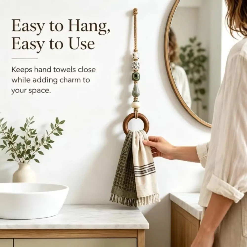 Wooden Ring Beaded Towel Hanger Loop Hanging Strap Colorful Beads Towel Hanging Loop Bathroom Accessories Decorative Style
