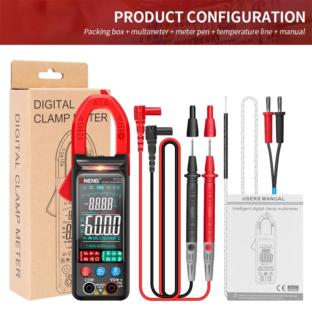 ANENG ST212 DC/AC Current Digital Clamp Meter 6000 Counts 400A Amp Multimeter Color Screen Voltage Tester Car Hz NCV Ohm Meter