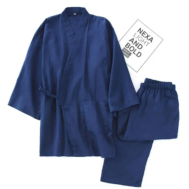 Men's Cotton Kimono Robes Pajamas Clothes Thin Spring and Autumn Black and Navy Colors Home Clothes Loose Casual Men Robe Sets