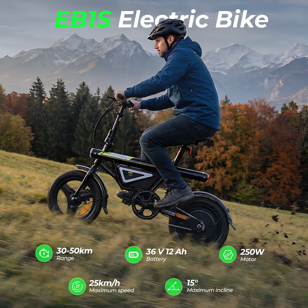 Vélo électrique iScooter EB1S, vélo électrique pliable pour adultes de 14 pouces, moteur 250W, batterie 12Ah, trois vitesses, vitesse de 25 km/h, pneus gonflables de 14 pouces, vélo électrique pour