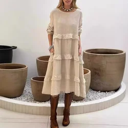 Vintage O Neck Flounce Hollow Casual Loose Long Sleeve Holiday Dresses Women Spring Pocket A-Line Pullover Dress Beach Dresses