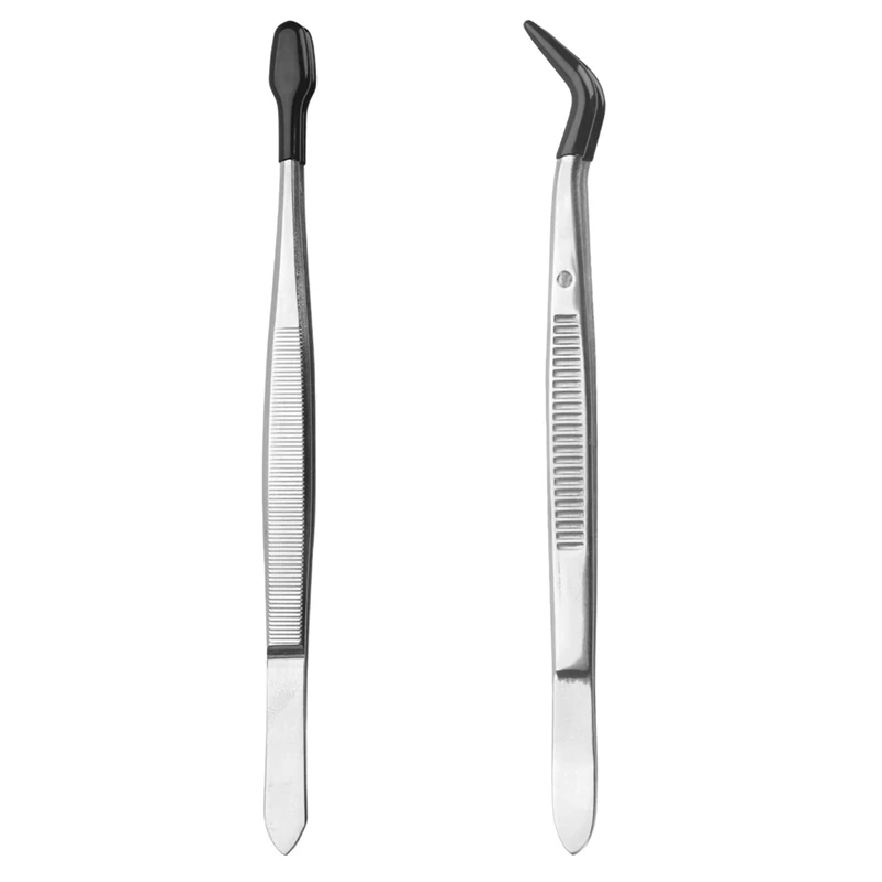 2Pcs Tweezers With Rubber Tips,Tipped Tweezers Stainless Steel Stamp Tweezers Straight Flat & Curved Tip Tweezers Tools Durable