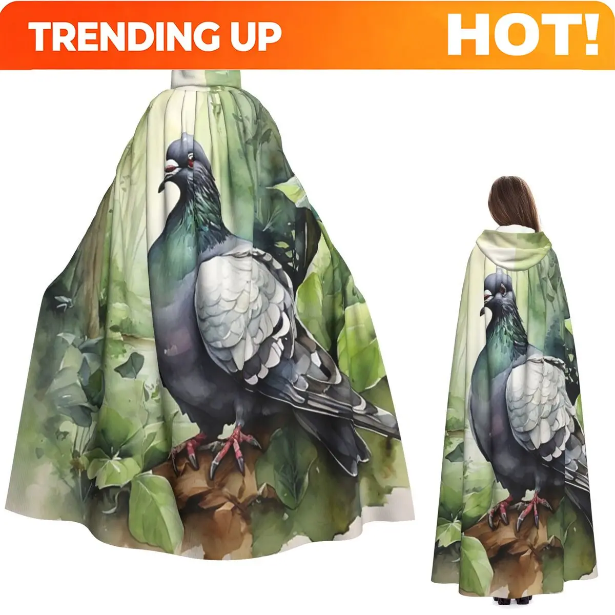 Customization Pigeon Watercolor Painting Long Hooded Cloak Witch Medieval Costume Cosplay Cape HalloweenVampire Adult Unisex